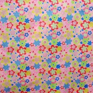POLY/COTTON PRINT FABRIC - MULTI ON PINK -