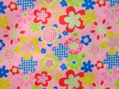 POLY/COTTON PRINT FABRIC - MULTI ON PINK -