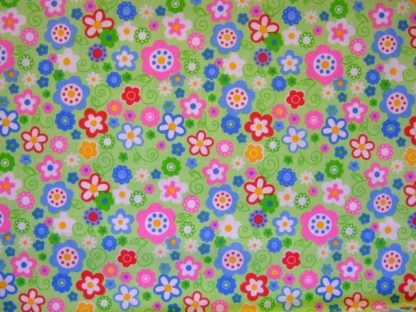 POLY/COTTON PRINT FABRIC , FLORAL - MULTI ON LIME GREEN -