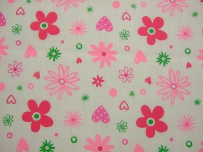 POLY/COTTON PRINT FABRIC- RETRO FLORAL- PINK ON CREAM