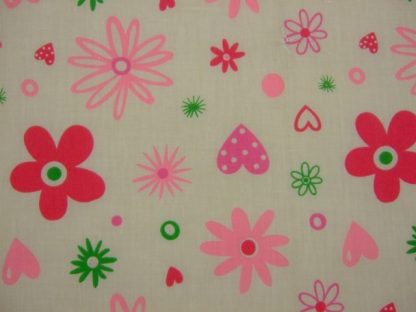 POLY/COTTON PRINT FABRIC- RETRO FLORAL- PINK ON CREAM