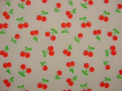 POLY/COTTON PRINT FABRIC -RED CHERRIES ON CREAM
